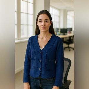 Joie Raw Edge Navy Blue Vneck Cardigan Sweater. Large. Button front. Pockets.